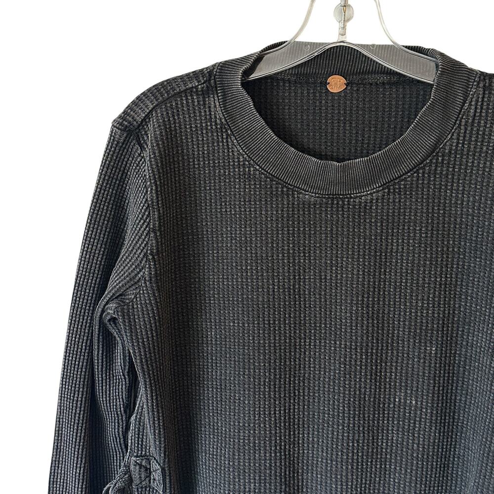 FP One Free People Interlaken Top Womens Large Black Boho Thermal Grunge Casual - Picture 3 of 11